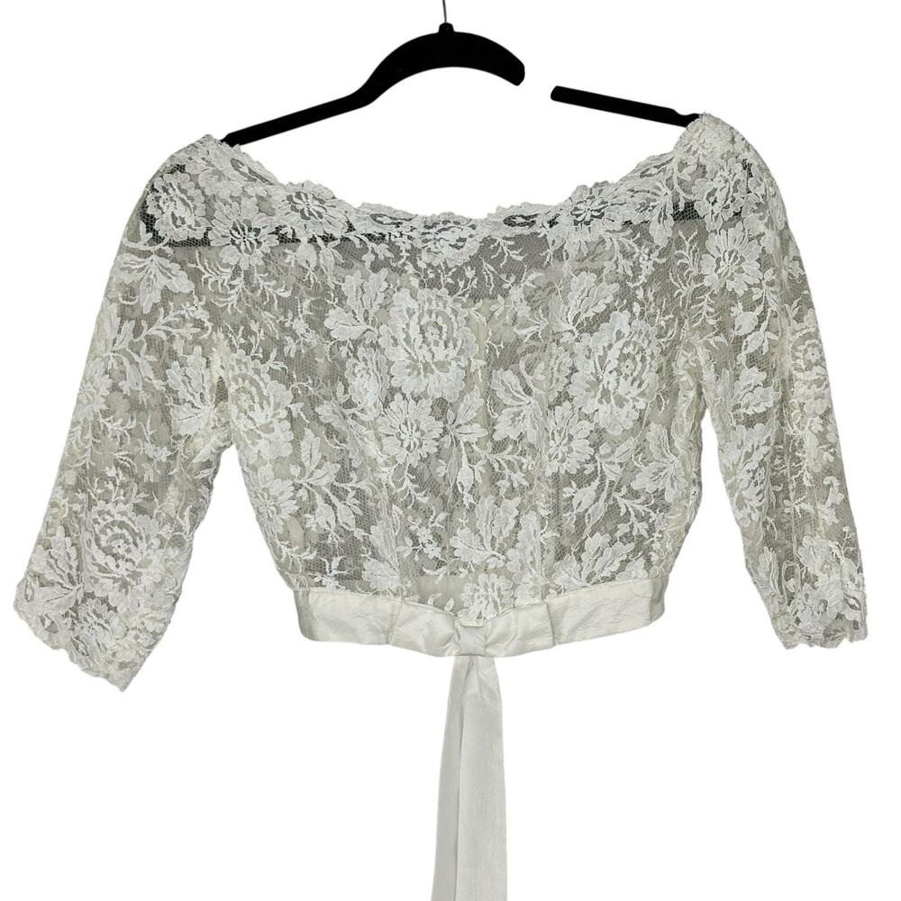 Vintage 50s Lace Sheer Wedding Crop Top Button Down Back Waist Bow Size S